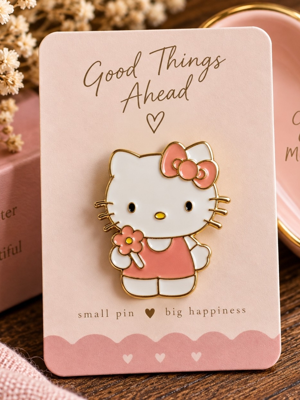 Hello Kitty Pink and White Flower Enamel Pin with Gold Trim New